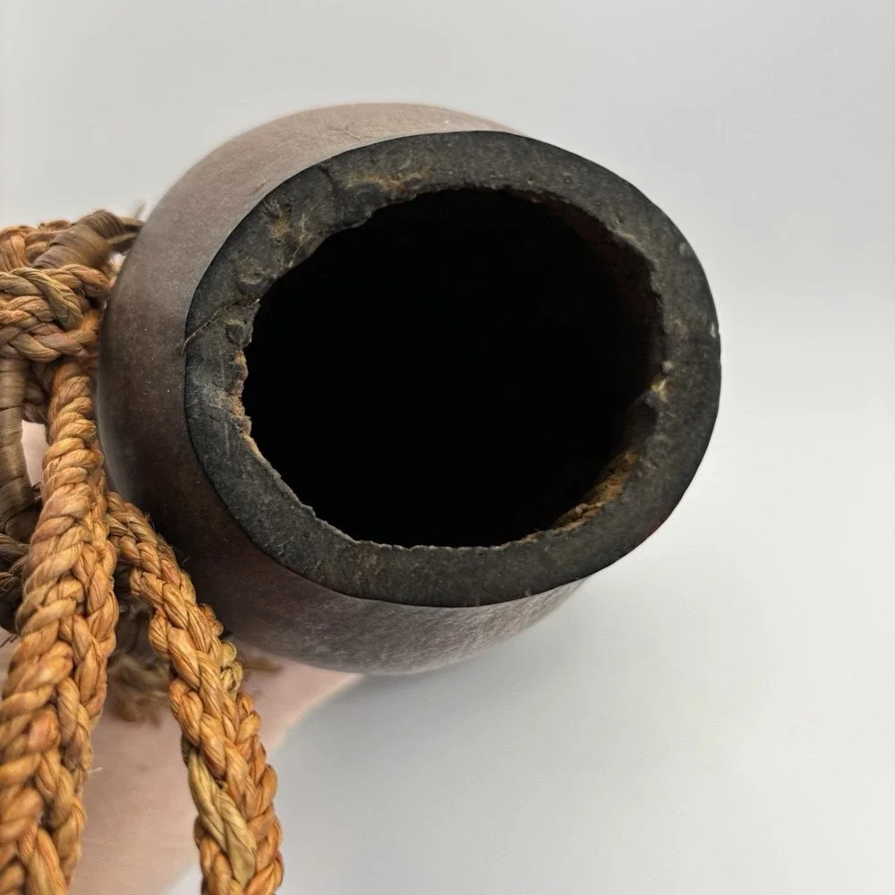 African Folk Art Carved Calabash Gourd 9x6 Drinking‎ Vessel Braided Rope Handle